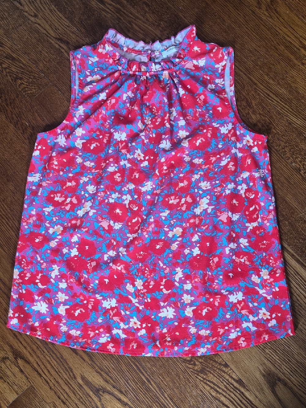 Womens Red Floral Sleeveless Ruffle Tank